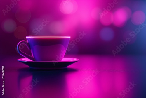 Neon mug of hot coffee or tea on the table on a defocused background with neon lighting, copy the space
