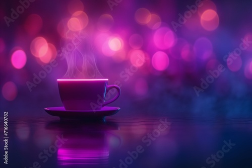 Neon mug of hot coffee or tea on the table on a defocused background with neon lighting  copy the space