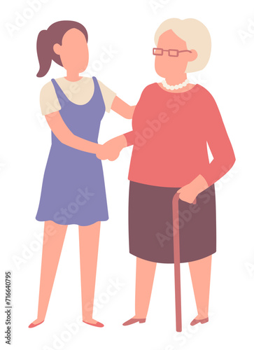 A young woman helps her grandfather to carry the groceries. Young people take care of the elderly. Social assistance for the elderly and volunteer work. Vector illustration.