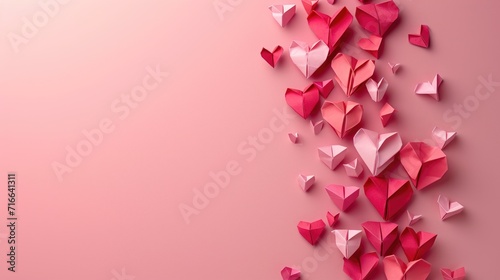 Delicate Origami Heart Cascade: Red and Pink Paper Art on Soft Background - Valentine's Day Concept