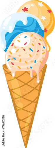 Cartoon ice cream cone with two scoops, blue and yellow, with sprinkles and stars. Delicious summer dessert, ice cream in a waffle cone vector illustration.