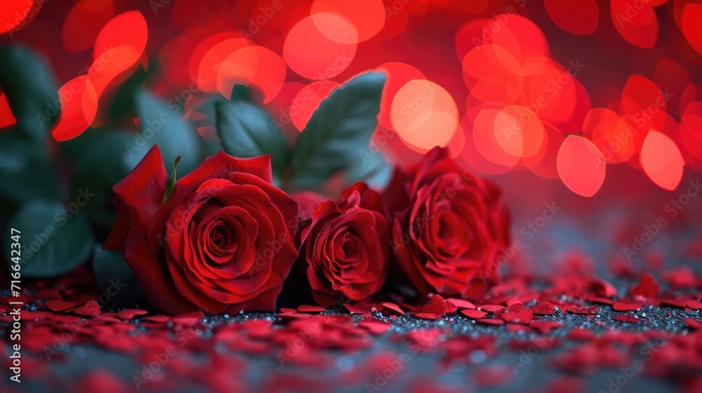 Romantic Red Roses with Heart Bokeh: Dreamy Luminous Backdrop - Valentine's Day Concept Romantic Red Roses with Heart Bokeh: Dreamy Luminous Backdrop - Valentine's Day Concept