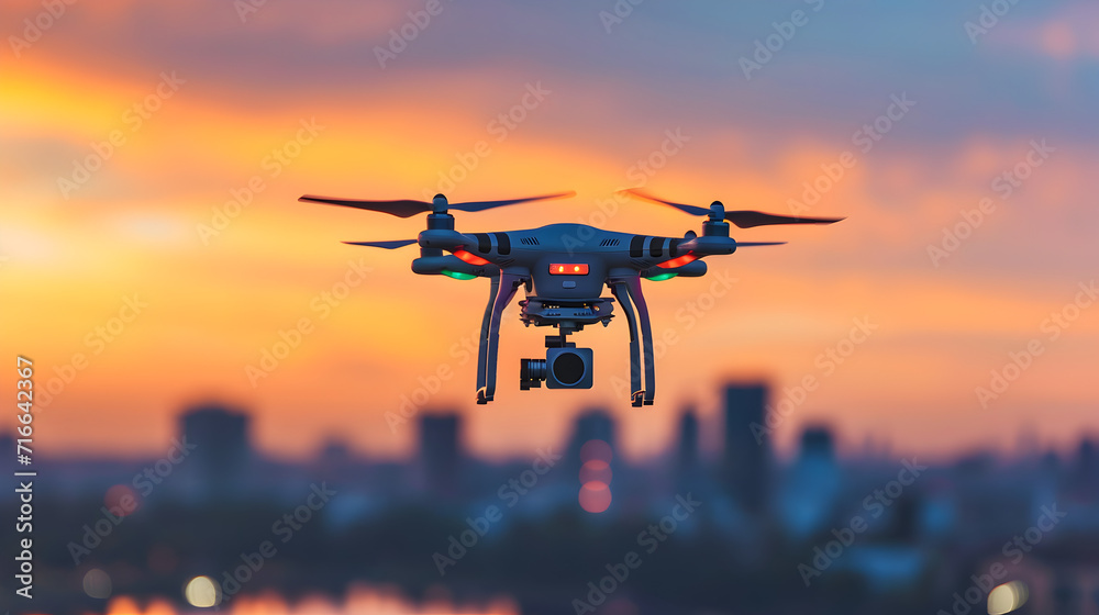 A drone flying in the sky, capturing aerial footage with a mounted camera