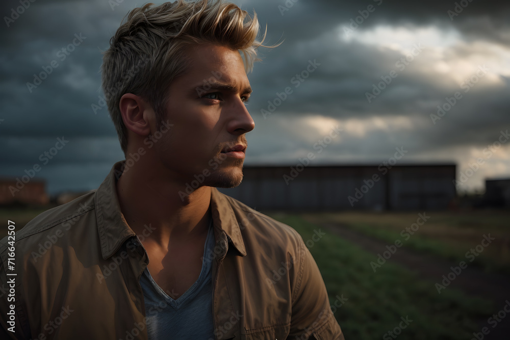 Man With Blonde Hair Standing in Field. Generative AI.