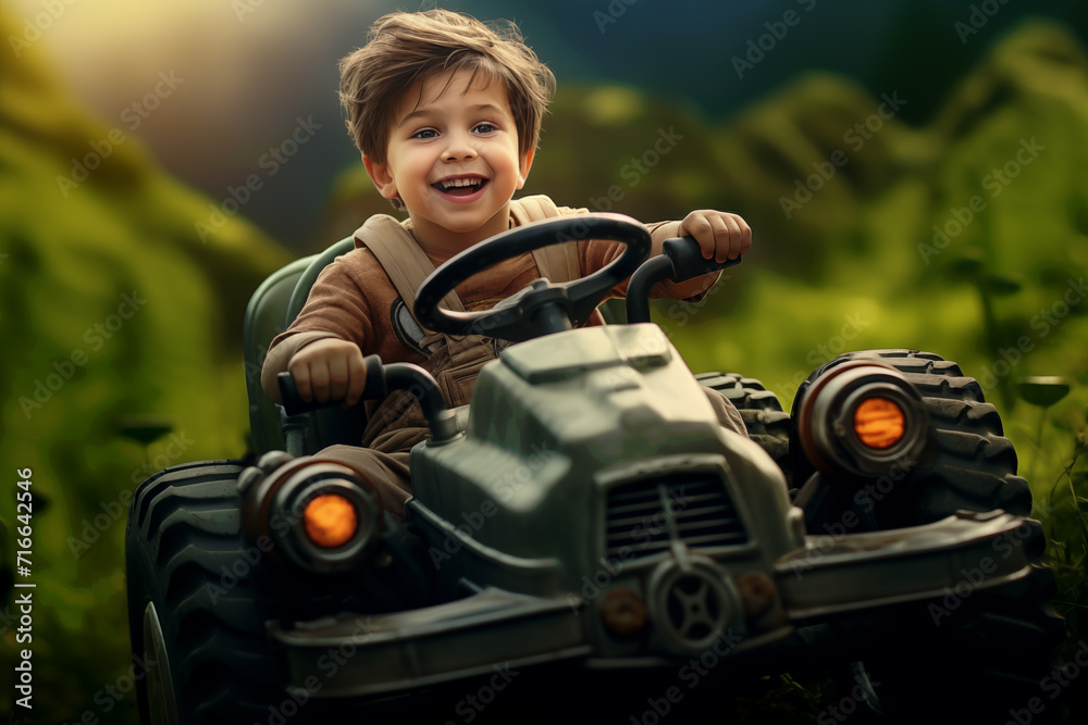 Imaginative adventure of a young boy driving a toy car