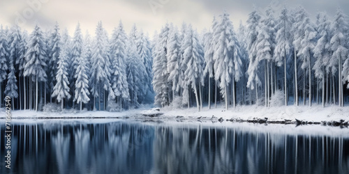 Rows of pines in snow on the lake edge. Serene winter landscape. Generative AI