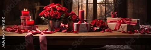 Timeless Romance in Rustic Setting: Red Roses and Silky Ribbon on Wooden Surface - Valentine's Day Concept