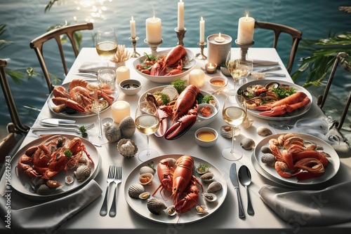 Restaurant table served with shrimps, mussels and other seafood