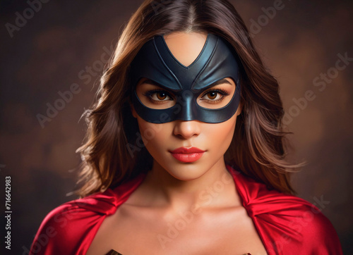 Portrait of a handsome young woman in superhero costume and wearing a mask