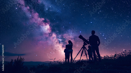 A family stargazing in a remote location with a clear night sky full of stars and a telescope.