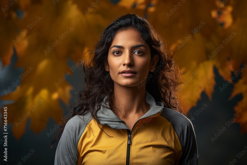 Portrait of a tender indian woman in her 30s sporting a breathable mesh jersey against a background of autumn leaves. AI Generation Portrait of a tender indian woman in her 30s sporting a breathable mesh jersey against a background of autumn leaves. AI Generation