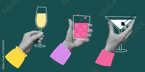 Set of cut out hands holding cocktail glasses. Template for birthday card, invitation, menu, social media, flyer, banner, poster