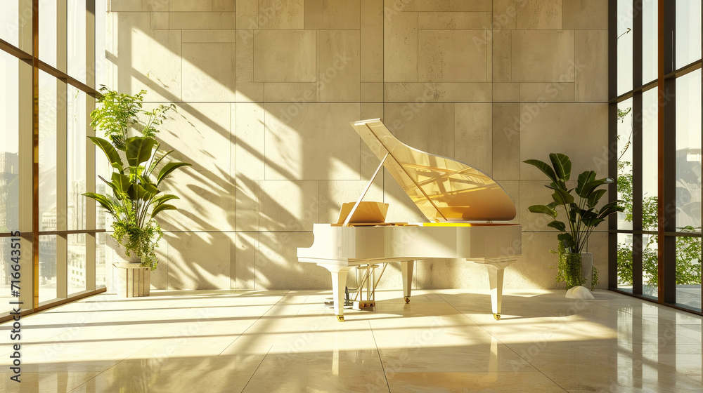 Classic grand piano in aesthetic minimalist style room interior full of ...