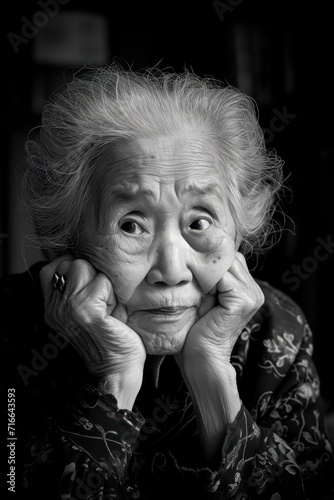 Black and white photo of an elderly Asian woman - AI Generated Digital Art
