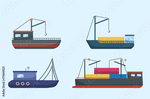 Traditional sea ship, maritime transport collection. Sea motor ship, ocean sailboat, yacht and catamaran, isolated marine transport. Delivery cruise boat and sailboat. Vector illustration