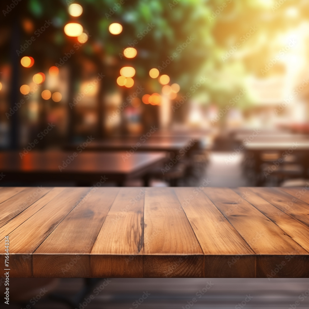 wood table on blur of cafe, coffee shop, bar, on the beach background - can used for display or montage your products