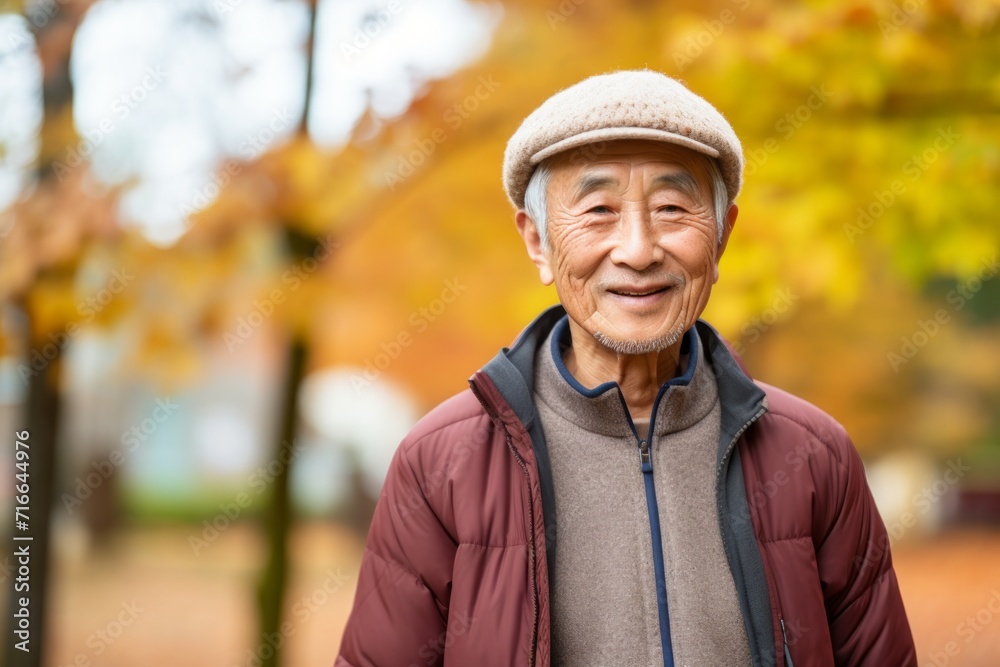 Portrait of a content asian elderly man in his 90s sporting a breathable mesh jersey against a background of autumn leaves. AI Generation Portrait of a content asian elderly man in his 90s sporting a breathable mesh jersey against a background of autumn leaves. AI Generation