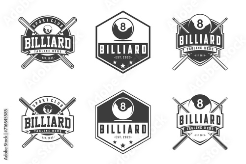 Billiard Design Logo Vector Set, Billiard Club Label Badge Sign Set Vector Concept, Monochrome logo set for billiard club photo