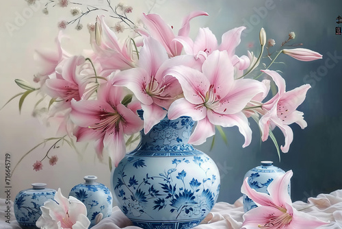 Chinese painting, watercolor, ink, lily, exquisite blue and white porcelain vase, white, light pink © 성우 양