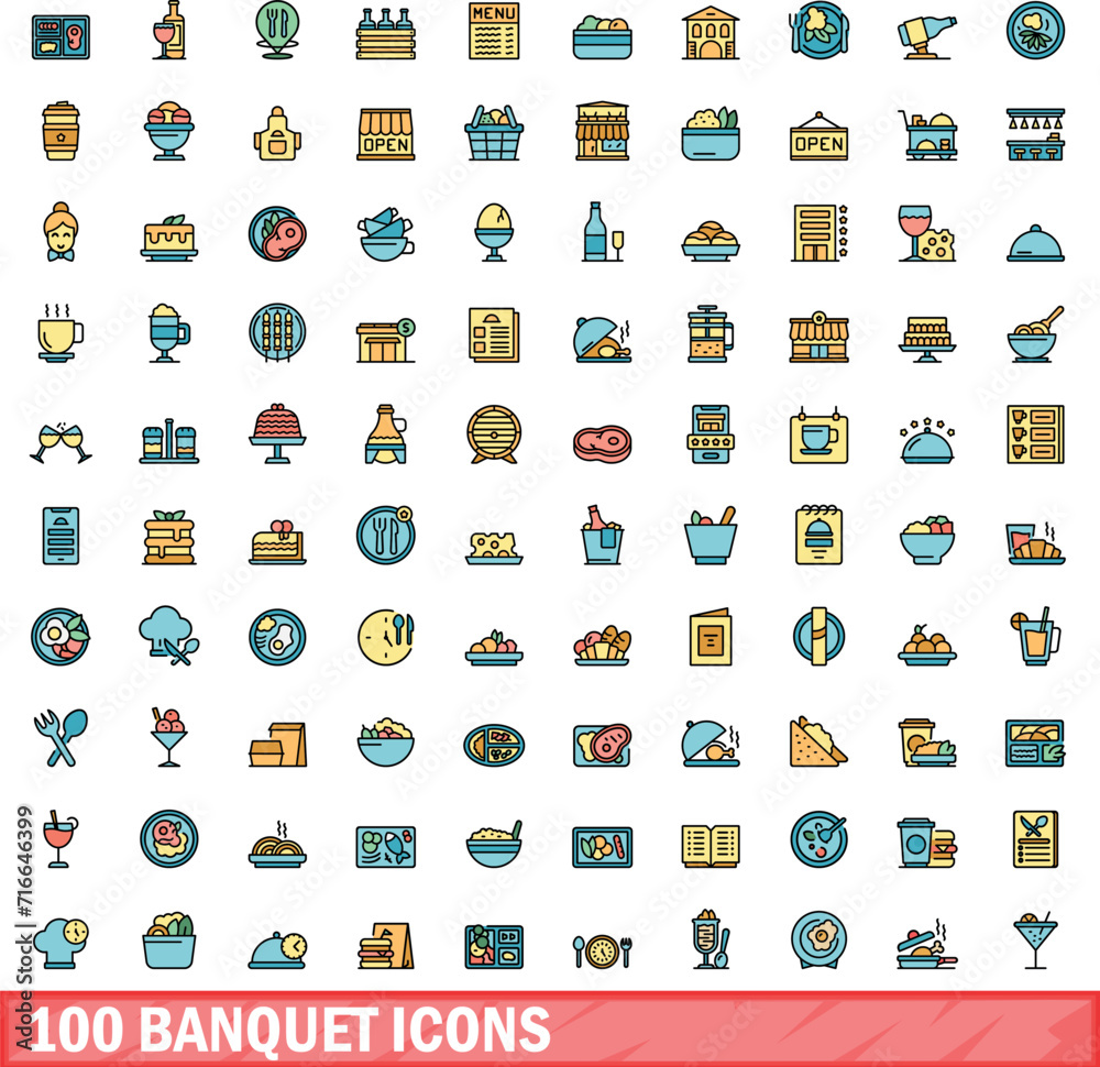 100 banquet icons set. Color line set of banquet vector icons thin line color flat on white 100 banquet icons set. Color line set of banquet vector icons thin line color flat on white