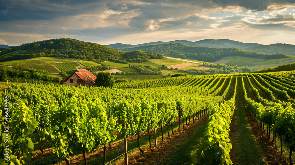 An Eastern European vineyard in summer with rows of lush vines a quaint farmhouse and rolling hills in the background.
