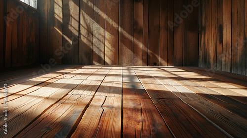 Natural Wood Interior Scene: Simple Background with Authentic Wooden Walls and Floors, Illuminated by Sunlight, Ideal for Product Advertising or Showcase Displays