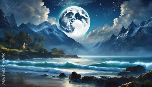 background of amazing crescent full moon over the sea and dolphins under the sea