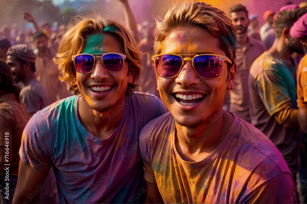 Two boys at a holi festival in india, covered in colorful powder, happy, enjoying the moment in the party