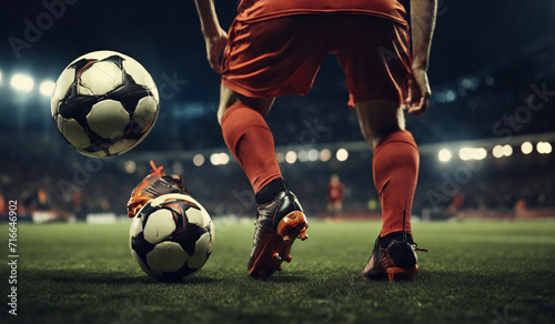Close up of a soccer striker ready to kicks the ball in the football goal. Soccer scene at night match with player kicking the ball with power © Xabi