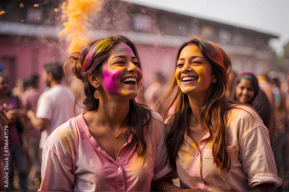 Two friends at a Holi festival in India, covered in colorful powder, happy, enjoying the moment at the party, with friends Two friends at a Holi festival in India, covered in colorful powder, happy, enjoying the moment at the party, with friends