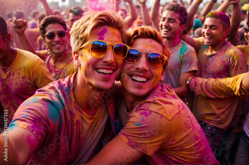 Couple of two boys at a holi festival in india, covered in colorful powder, happy, enjoying the moment in the party