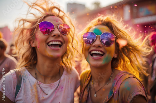Two girls at a Holi festival in India, covered in colorful powder, happy, enjoying the moment at the party, with friends