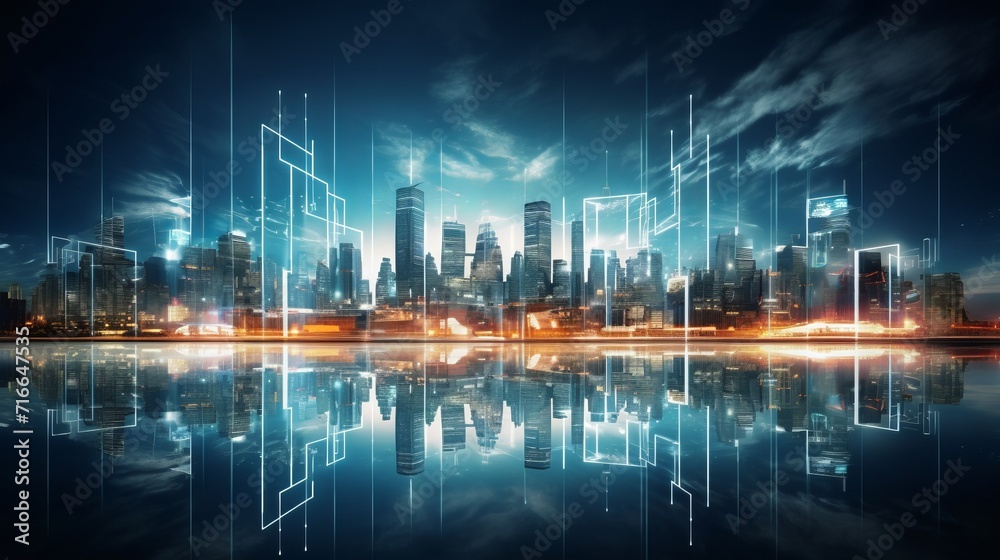 Enchanting night circuit city skyline with ai and digital transformation mockup - smart city concept in double exposure