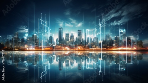 Enchanting night circuit city skyline with ai and digital transformation mockup - smart city concept in double exposure
