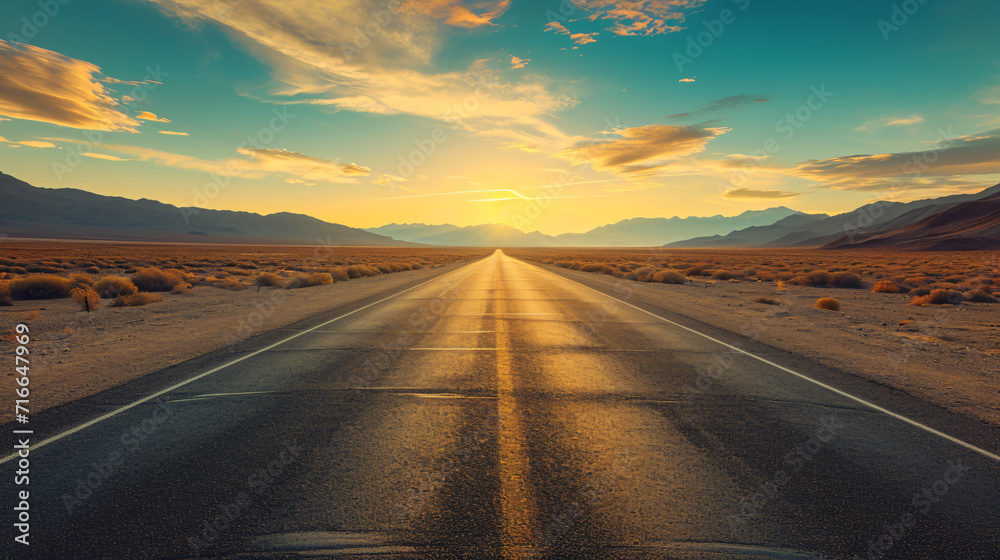 An empty desert road at sunrise symbolizing solitude and freedom.