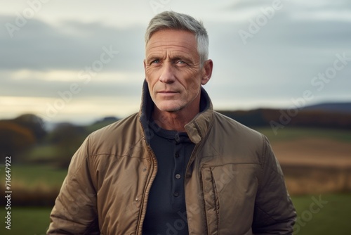 Portrait of a blissful man in his 60s wearing a trendy bomber jacket against a quiet countryside landscape. AI Generation