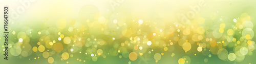 Abstract green and yellow glitter lights background. Circle blurred bokeh. Festive backdrop for holiday or event. Spring and summer banner for design photo
