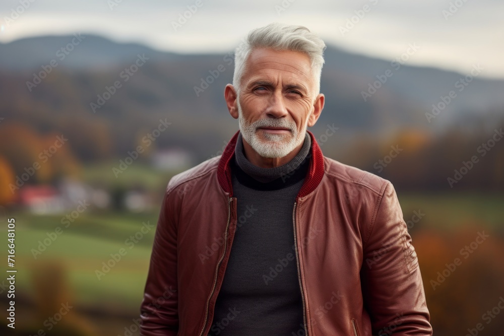 Portrait of a satisfied man in his 60s sporting a stylish varsity jacket against a quiet countryside landscape. AI Generation Portrait of a satisfied man in his 60s sporting a stylish varsity jacket against a quiet countryside landscape. AI Generation
