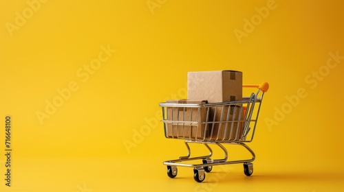 Shopping cart trolley full of boxes on yellow background - AI Generated Digital Art