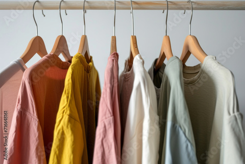 Various t-shirts hanging on a wooden clothes hangers on gray background