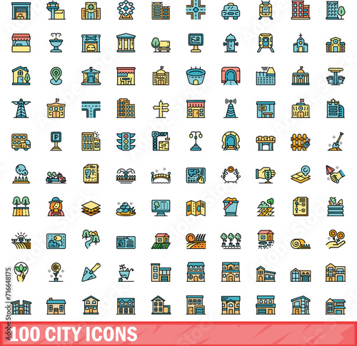 100 city icons set. Color line set of city vector icons thin line color flat on white