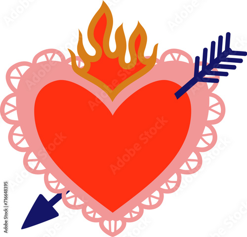 Mexico sacred heart with arrow retro sticker. Love and Mexico sacred symbol, spiritual tattoo or Christian religion vector print. Latin America culture patch with fire flaming heart