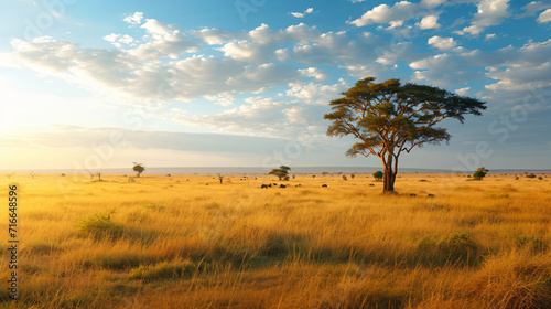 An expansive savanna at sunrise with acacia trees and grazing wildlife.