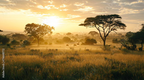 An expansive savanna at sunrise with acacia trees and grazing wildlife.