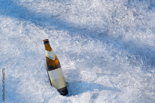 a bottle of beer in ice on the river bank