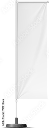 Realistic banner stand, beach flag isolated 3d vector blank mockup featuring a clean rectangular textile billboard for personalized branding, showcasing graphics and advertising in a seaside setting