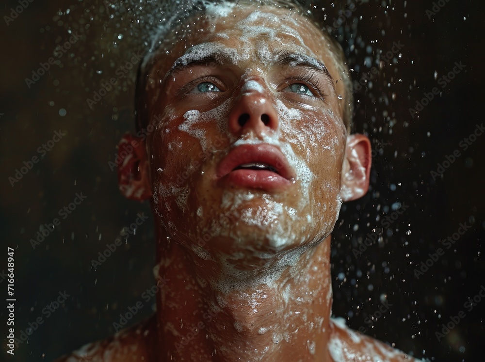 A man emerges from the water, his human face glistening with soapy bubbles as he finishes his refreshing swim