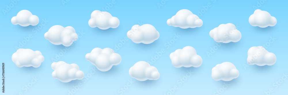 3d sky clouds, realistic vector cumulus formations three-dimensional rendering elements, enhancing visual environments in virtual worlds or computer scenes for immersive and lifelike atmospheres