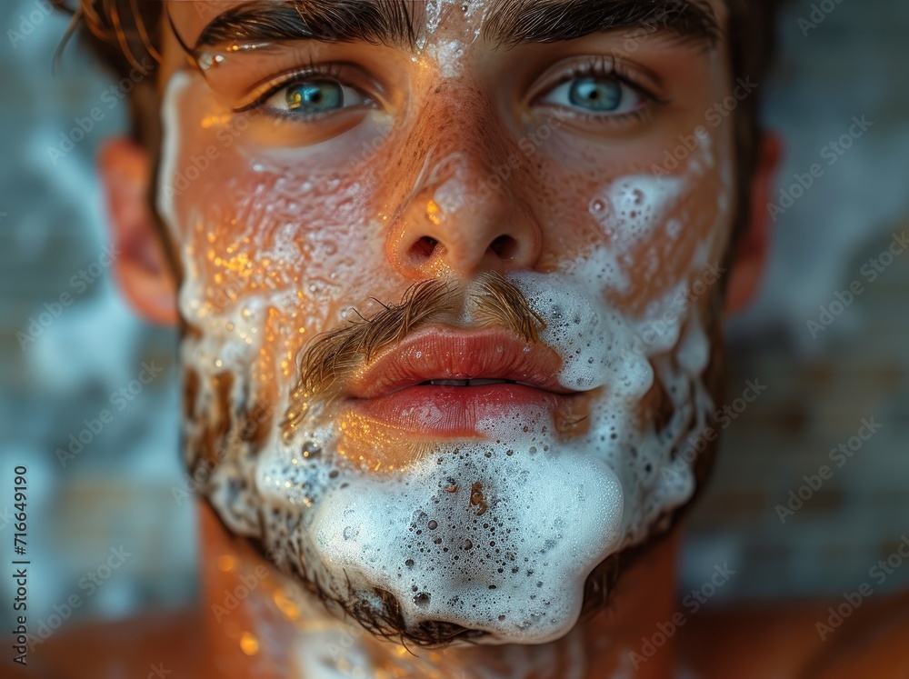 A man's face covered in foamy suds, his portrait revealing a vulnerable human behind the facade of a soapy beard, his skin a canvas for cleansing and renewal A man's face covered in foamy suds, his portrait revealing a vulnerable human behind the facade of a soapy beard, his skin a canvas for cleansing and renewal