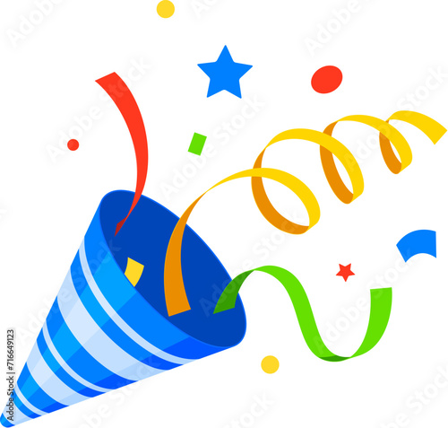 Birthday popper striped cone, holiday party firecracker with confetti and ribbon. Isolated cartoon vector colorful shooter burst with joy and celebration, adding a festive touch to special moments